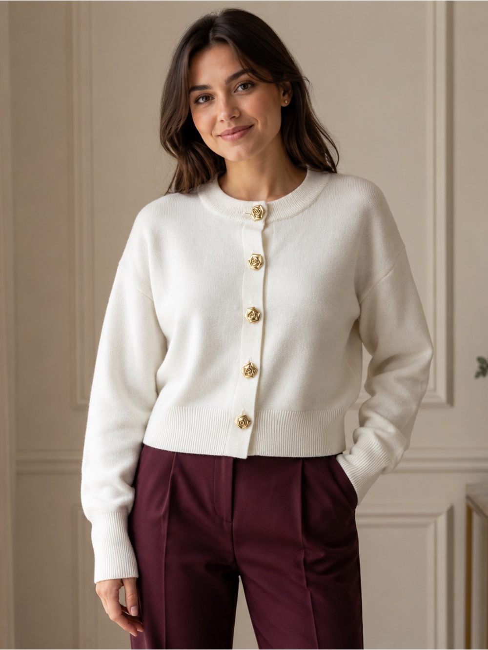 Philosophy Republic Clothing Ivory Cropped Cardigan Gold Rose Buttons M